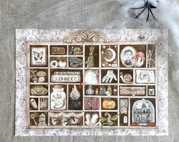 Halloween calendar to tick off countdown children boys girls horror party Povalala curiosities witches wizard invitation birthday