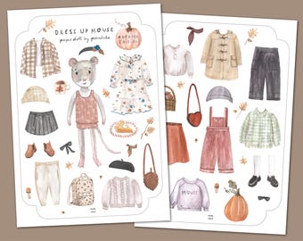 Descarga DRESS UP MOUSE edición otoño muñeca de papel povalala mouse niña niños jugar a disfrazar muñeca otoño manualidades muñeca de papel moda