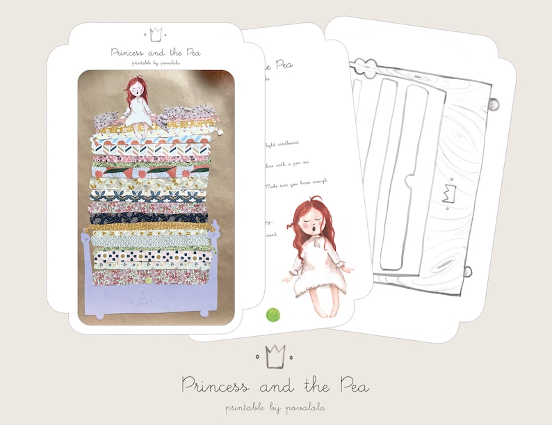 Puede incluir: Actividad artesanal imprimible para ni&ntilde;os con la historia de la princesa y el guisante. La imagen muestra una pila de piezas de tela de colores que representan la cama de la princesa, un peque&ntilde;o guisante y un dibujo de una princesa con una corona.