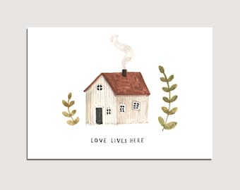 Karte Haus Einzug Familie Liebe Zuhause Kinder Mädchen Umzug Wohnung Illustrationen Dekoration Aquarell hygge Kindheit