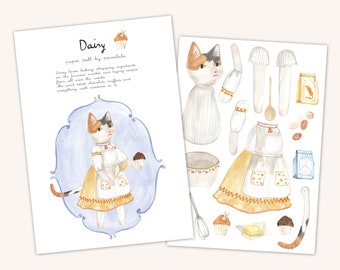 dig download printable DAISY Katze beweglich backen doll Papier puppe spielen basteln Spielzeug Tiere diy Mädchen Kinder Kleid Anziehpuppe