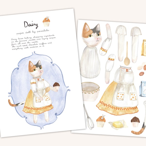 dig download printable DAISY Katze beweglich backen doll Papier puppe spielen basteln Spielzeug Tiere diy Mädchen Kinder Kleid Anziehpuppe