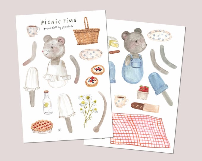 printable PICNIC TIME mouse - articulated paper doll
