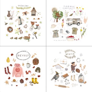 4 Jahreszeiten Kartenset Frühling Sommer Herbst Winter Kinderzimmer Mädchen Jungen Natur Kinder Illustrationen Povalala  homeschool Schule
