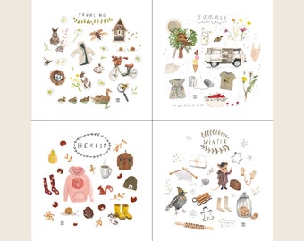 May include: Four illustrated cards with a seasonal theme. Each card features a variety of objects and illustrations representing the season. The top left card is titled "Frühling" and features a birdhouse, a bee, a bicycle, and a duck. The top right card is titled "Sommer" and features a treehouse, a van, a butterfly, and a bowl of apples. The bottom left card is titled "Herbst" and features a hoodie, a squirrel, a cup of coffee, and a pair of boots. The bottom right card is titled "Winter" and features a bird, a sled, a gingerbread cookie, and a jar of cookies.