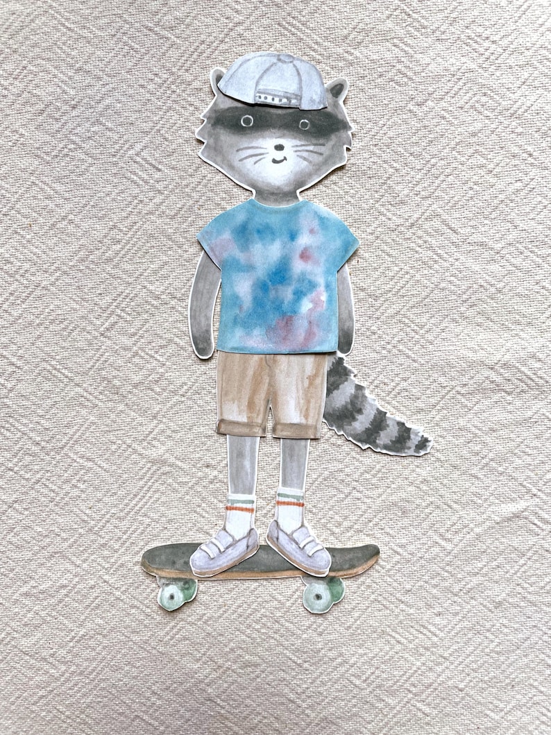 May include: A watercolor illustration of a raccoon wearing a backwards baseball cap, tie-dye t-shirt, and shorts, standing on a skateboard. The raccoon has a striped tail and is wearing sneakers and socks.