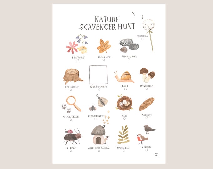 printable NATURE SCAVENGER HUNT discovering and hunting for treasures of nature. a fun activity for your children to enjoy the outdoors