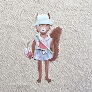 May include: Watercolor illustration of a squirrel wearing a light blue bucket hat, white collared shirt, and blue skirt. The squirrel has a watermelon fanny pack and is holding a drink with a straw. The squirrel has a brown tail and is wearing sandals.