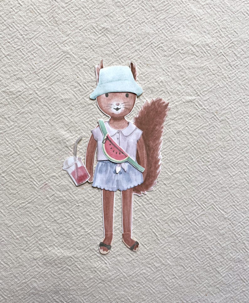 May include: Watercolor illustration of a squirrel wearing a light blue bucket hat, white collared shirt, and blue skirt. The squirrel has a watermelon fanny pack and is holding a drink with a straw. The squirrel has a brown tail and is wearing sandals.