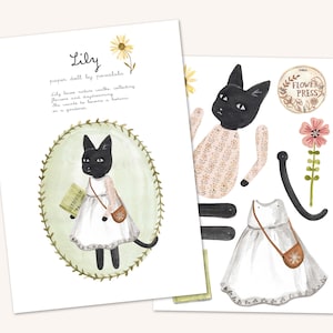 Scarica LILY, bambola di carta con gatto, stampabile, bambola di carta, bambole di carta articolate, artigianato, giocattoli, animali, fai da te, ragazza, ritaglia, vesti, bambola