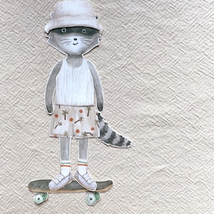 May include: A watercolor illustration of a raccoon wearing a bucket hat, tank top, and shorts with palm tree designs, riding a skateboard. The raccoon has a striped tail and is wearing sneakers and socks. The skateboard has green wheels.