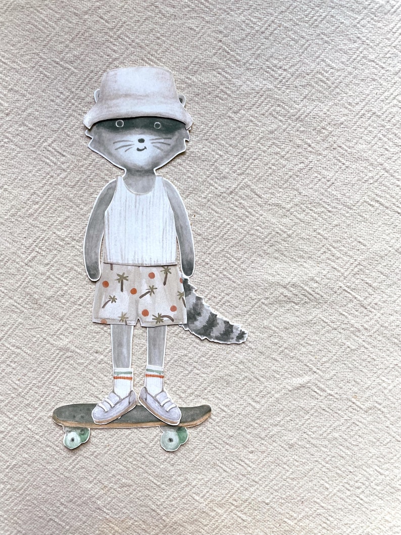 May include: A watercolor illustration of a raccoon wearing a bucket hat, tank top, and shorts with palm tree designs, riding a skateboard. The raccoon has a striped tail and is wearing sneakers and socks. The skateboard has green wheels.