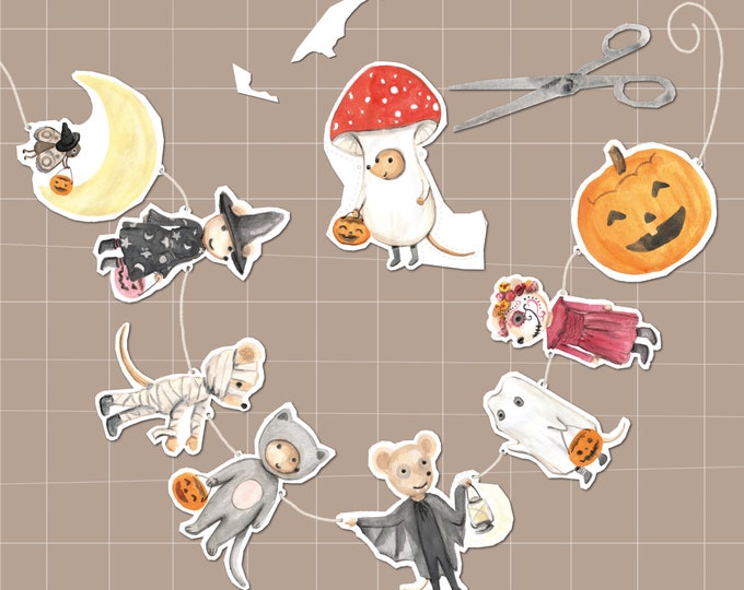 Halloween printable craft set mice party disguise friends pumpkin Povalala toadstool crafting set Halloween decoration garland for kids