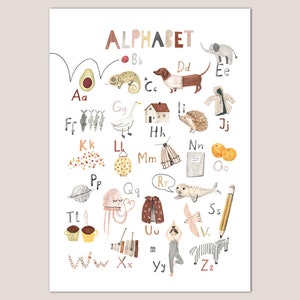 Póster alemán Alfabeto Habitación infantil Niñas Niños Niños A2 A3 A4 Aprender Ilustraciones Povalala Inscripción escolar ABC Animales naturales Perro salchicha