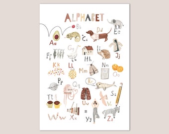 DEUTSCH Poster Alphabet Kinderzimmer Mädchen Jungen Kinder A2 A3 A4 lernen Illustrationen Povalala Einschulung ABC natürlich Tiere Dackel
