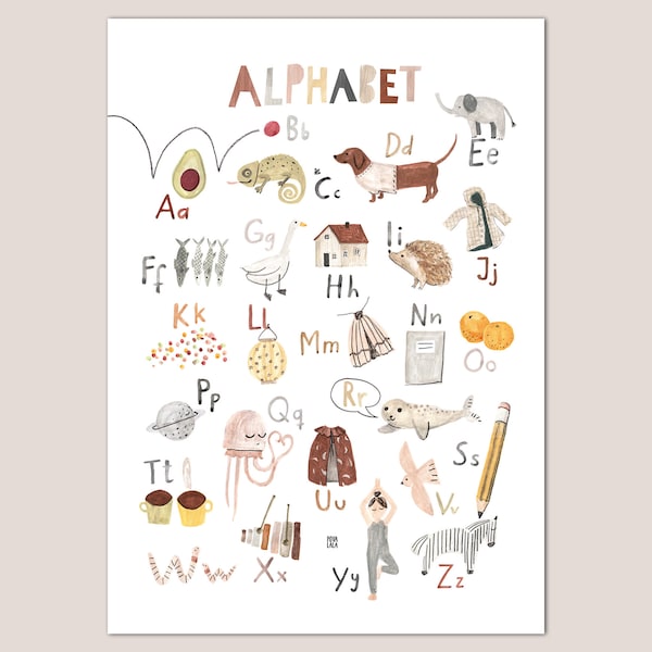 DEUTSCH Poster Alphabet Kinderzimmer Mädchen Jungen Kinder A2 lernen Illustrationen Povalala Einschulung ABC neutral natürlich Tiere Dackel