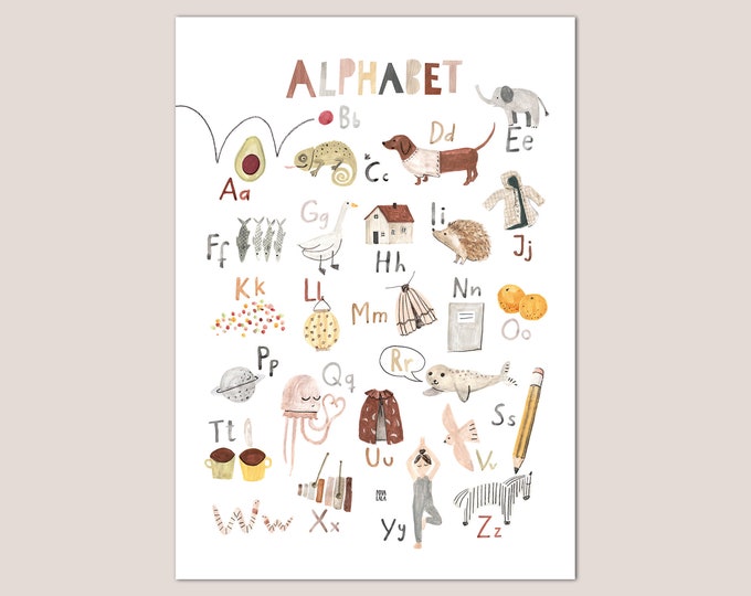 German Poster Alphabet Nursery Girls Boys Children A2 Learn Illustrations Povalala School Enrollment ABC Neutral Natural Animals Dachshund