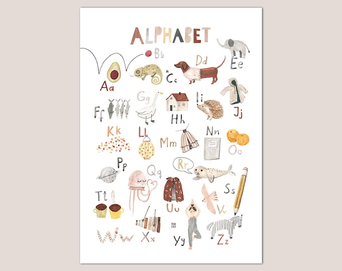 German Poster Alphabet Nursery Girls Boys Children A2 Learn Illustrations Povalala School Enrollment ABC Neutral Natural Animals Dachshund