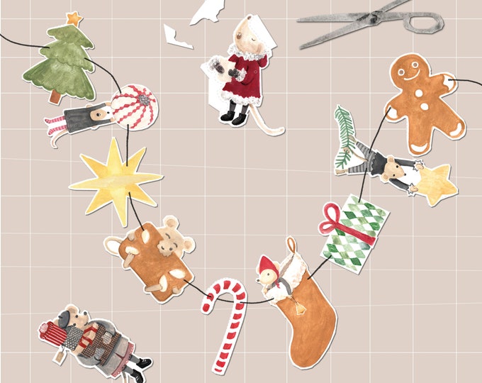 Download CHRISTMAS GARLAND printable mouse christmas craftting set Maus Kinder x-mas decoration kids Garlande Weihnachten Advent Povalala
