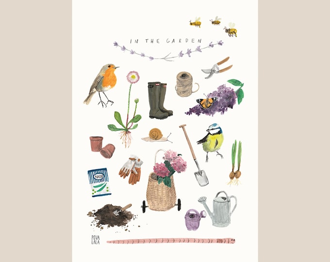 printable poster IN THE GARDEN digital download decoration spring flowers garden poster birds gardening kids room decoratoin garden house