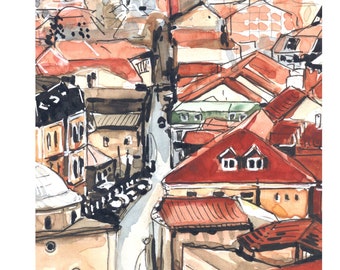 City, Architecture, Drawing, Ink, Pencil, Watercolor