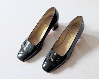 Vintage 80s 'Ferragamo' Black Patent Leather Block Heeled Shoes (Size UK 4.5 EU 37.5)