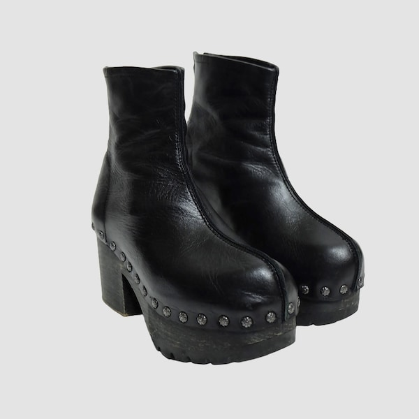 Vintage 00s 'El Dantes' Black Leather Platform Boots (Size UK 3.5 EU 36.5 US 6)