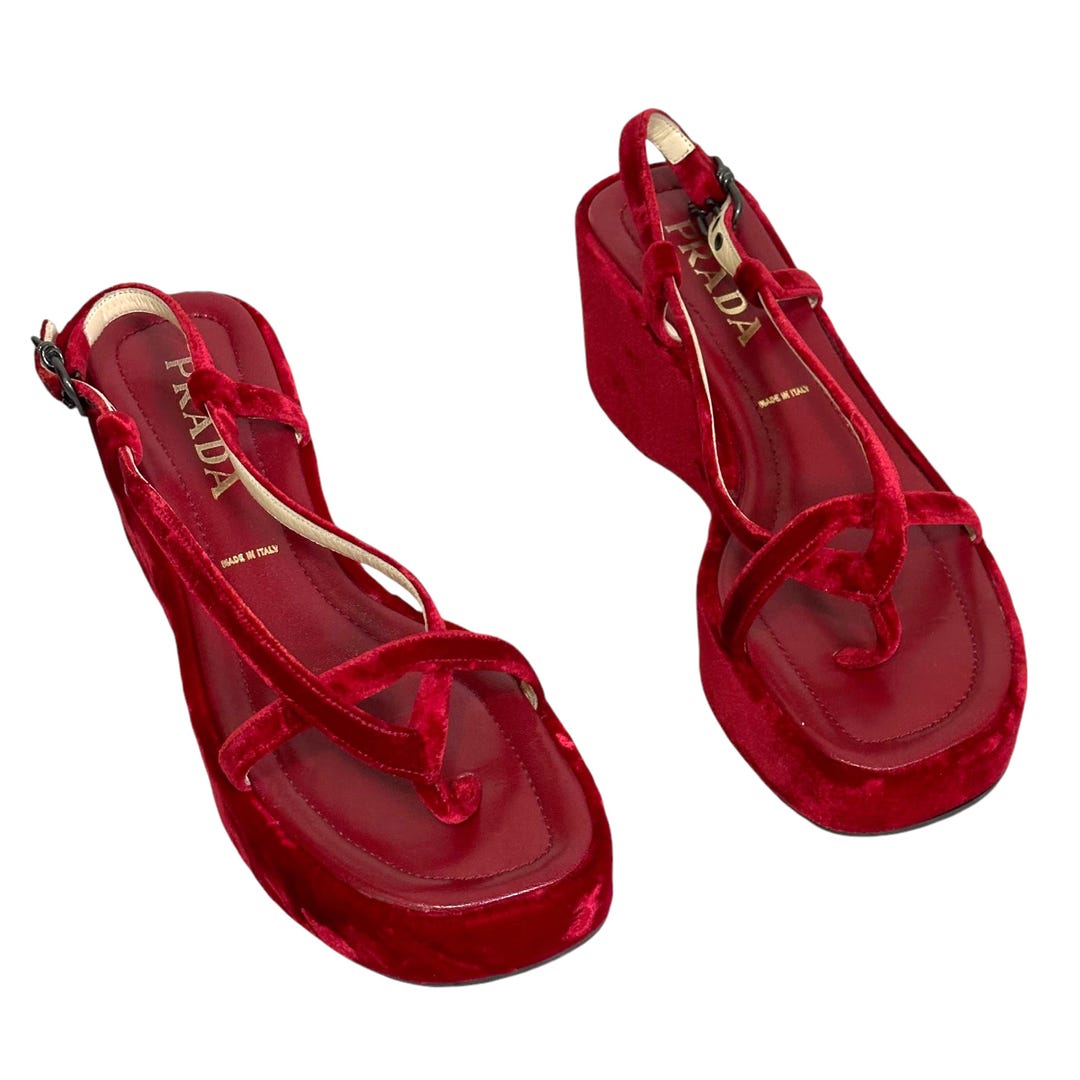 Vintage 1997 'prada' Red Velvet Platform Sandals - Etsy