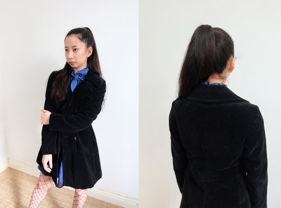 Vintage 70s Black Thick Corduroy Mid-Length Trench
