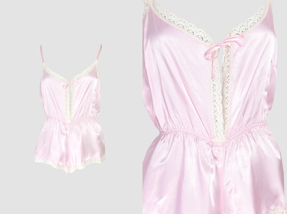 Vintage 60s Baby Pink Satin Lace Playsuit - image 1