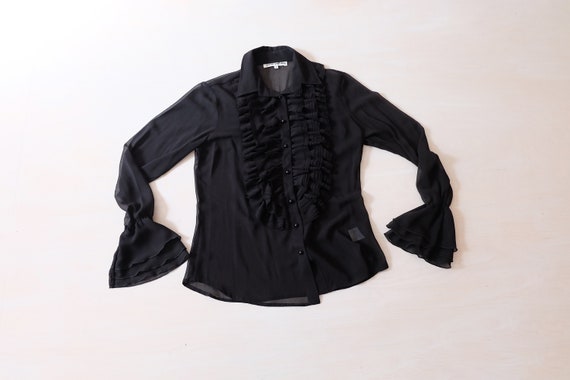 Vintage 70s 80s Black Sheer Chiffon Ruffle Blouse