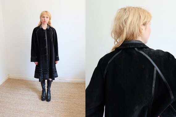 Vintage 70s Black Leather and Suede Long Jacket