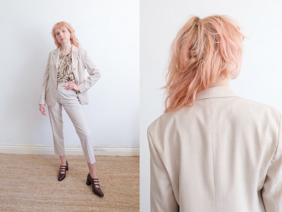 Vintage 90s Beige Checkered Trouser Suit