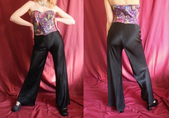 Vintage 70s Black Satin Wide Leg High Waisted Trou