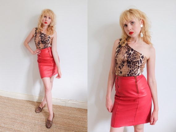 Vintage 80s Red Leather Mini Pencil Zip Skirt