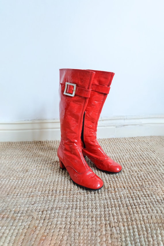 Vintage 60s Bright Red Vinyl Go Go Boots (Size UK