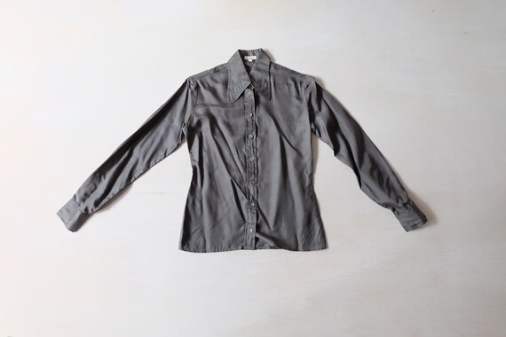 Vintage 70s Grey Silk Dog Ear Collar Blouse