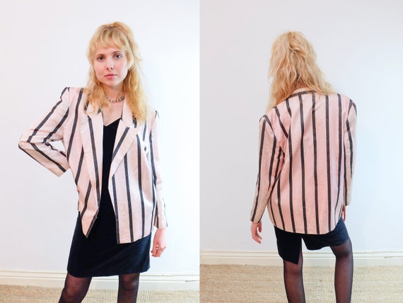 Vintage 80s Baby Pink and Black Striped Blazer