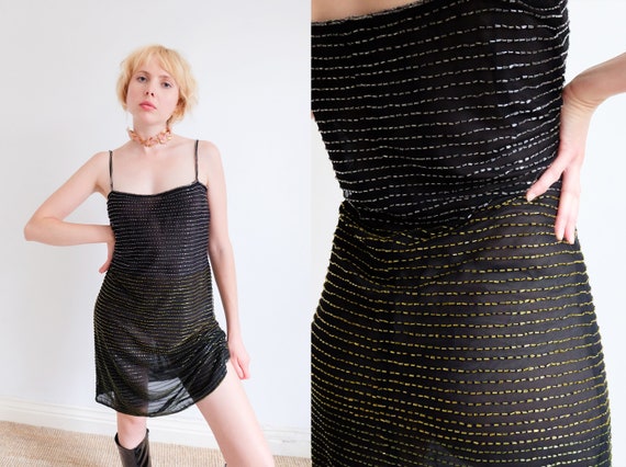 Vintage 90s Black Beaded Mesh Slip Dress