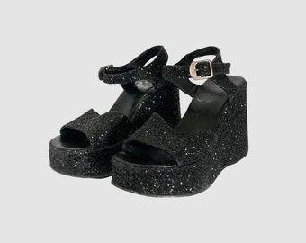 Vintage 00s 'Buffalo' Black Glitter Platform Sandals (Size UK 4 EU 37 US 6.5)