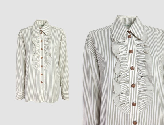 Vintage 70s White Striped Ruffle Shirt 
