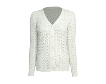 Vintage 70s White Hand Knitted Cardigan Jumper