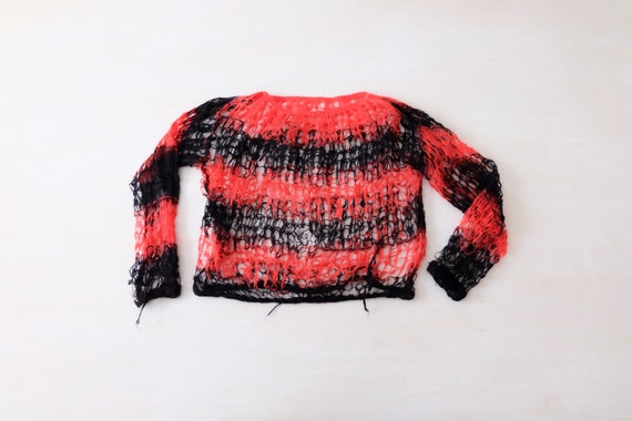 Vintage 70s Red and Black Hand Knitted Mohair Jump