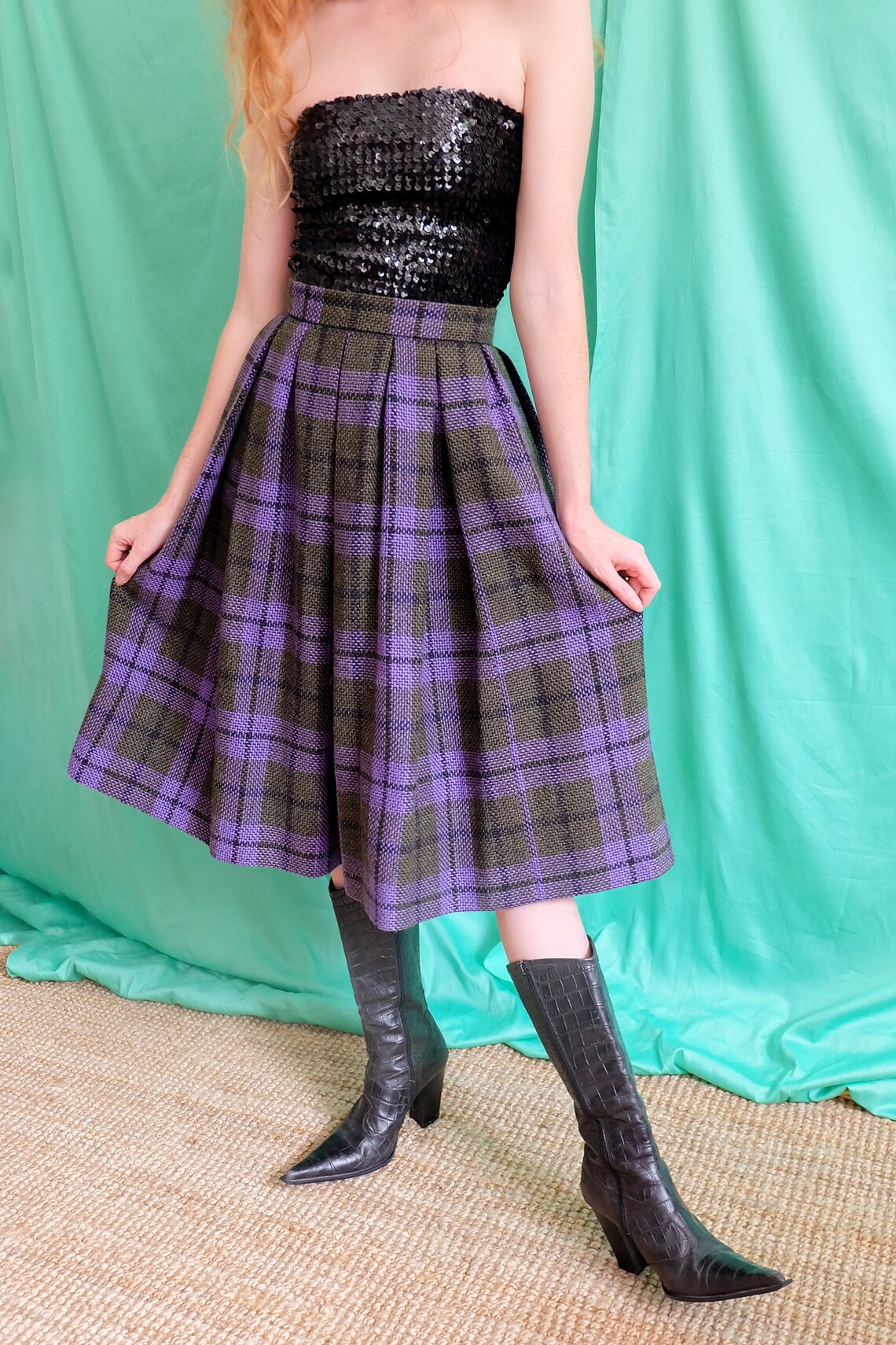 Vintage 60er Lila und Grün Karierte Wolle Midi Rock | Etsy