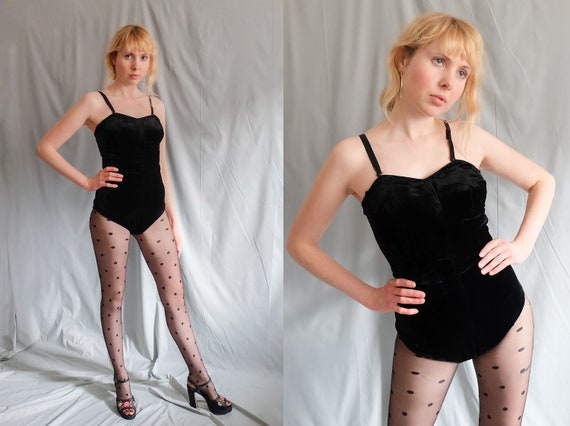 Vintage 30s Black Velvet Burlesque Bodysuit