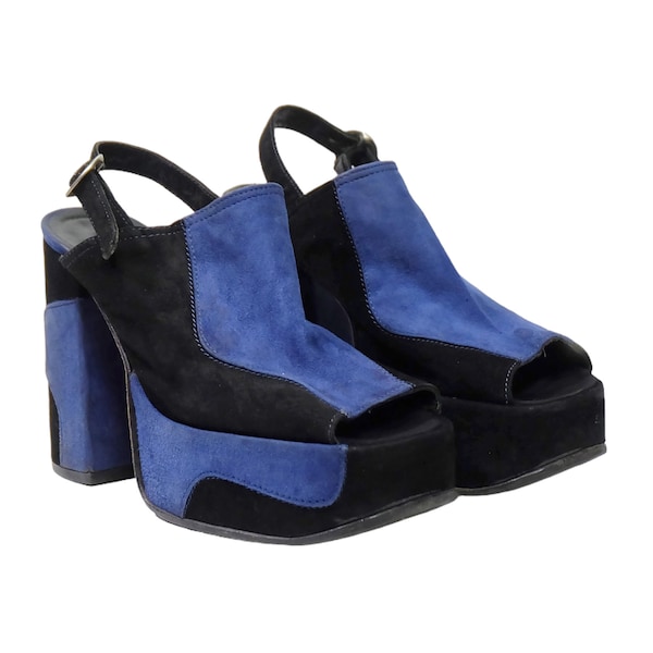 Vintage 90s does 70s Blue Platform Shoes (Size UK 5 EU 38 US 7.5)
