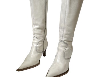 Vintage 00s 'Destroy' White Leather Boots (Size UK 8 EU 41 US 10.5)