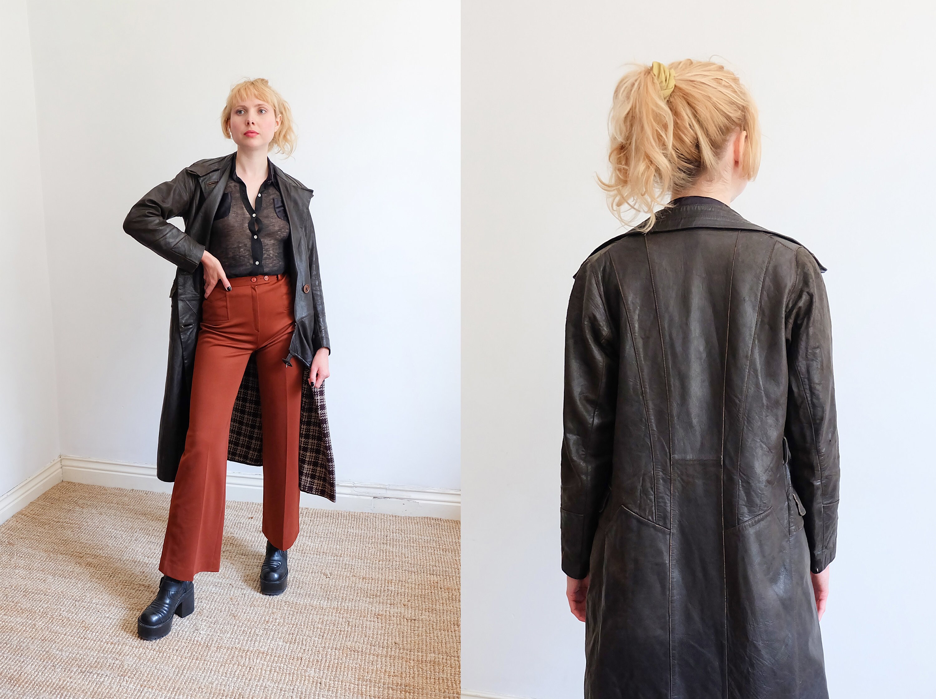 Image of Vintage S "Harrods' Brown Leather Trench Coat