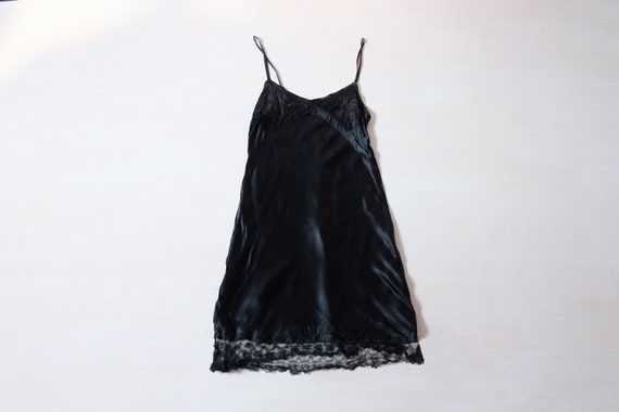 Vintage 30s Black Embroidered Satin Slip Mini Dres