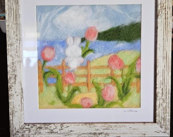 Spring Wool Painting: Needle Felted Art in Distressed White Frame